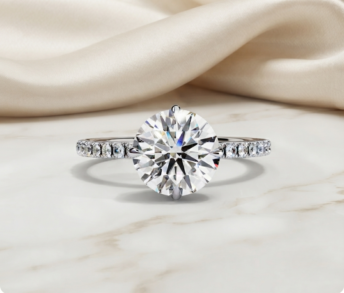 round cut moissanite engagement ring – 2.38 ct center – pavé band – 925 silver / 10k & 14k gold / platinum | finora jewelry