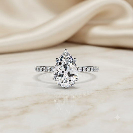 Pear Cut Moissanite Engagement Ring – Pavé Band – 925 Silver / 10K & 14K Gold / Platinum | Finora Jewelry