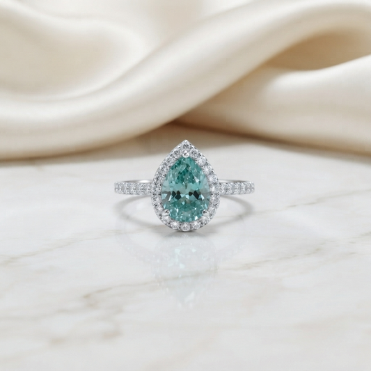 Cyan Blue Pear Cut Moissanite Halo Engagement Ring 2.30 CT in 925 Silver / 10K & 14K Gold