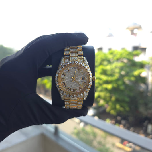 Moissanite Presidential Watch | 41MM | Roman Numeral Dial | Iced Out | Full Yellow