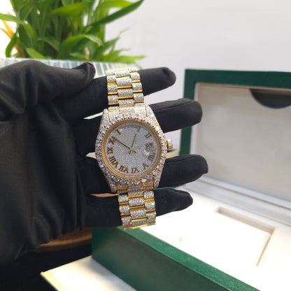 Moissanite Presidential Watch | 41MM | Roman Numeral Dial | Iced Out | Full Yellow