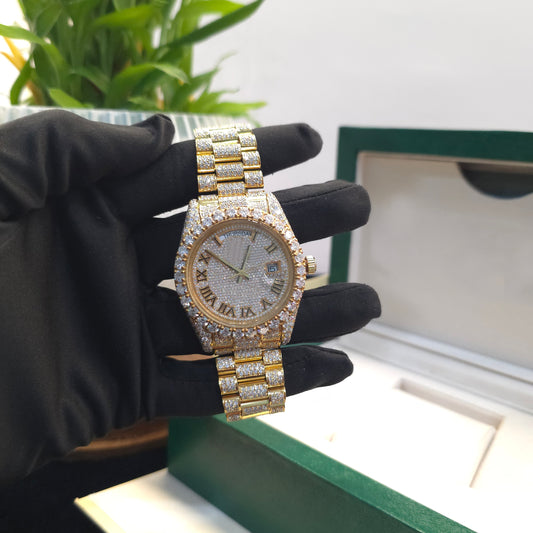 Moissanite Presidential Watch | 41MM | Roman Numeral Dial | Iced Out | Full Yellow