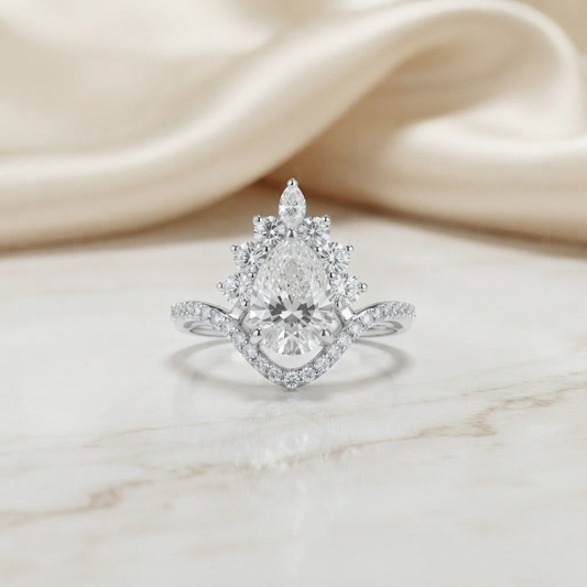 Pear Cut Moissanite Halo Engagement Ring 1.68 CT with Marquise & Round Side Stones in 925 Silver / 10K & 14K Gold