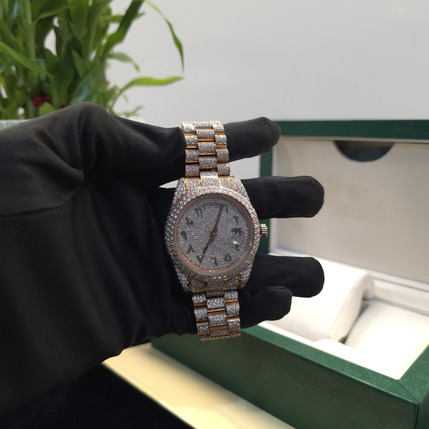 men’s iced out watch | 41mm | full rose | arabic dial | day-date