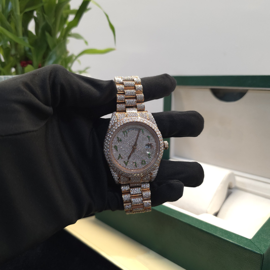 Men’s Iced Out Watch | 41MM | Full Rose | Arabic Dial | Day-Date