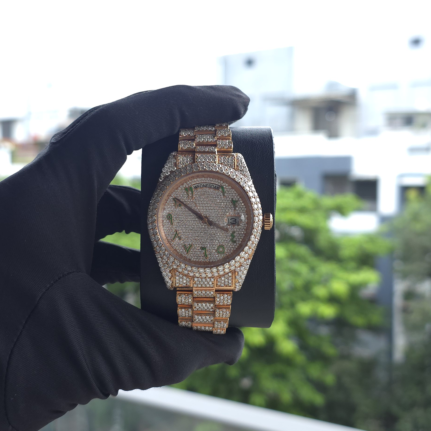 men’s iced out watch | 41mm | full rose | arabic dial | day-date