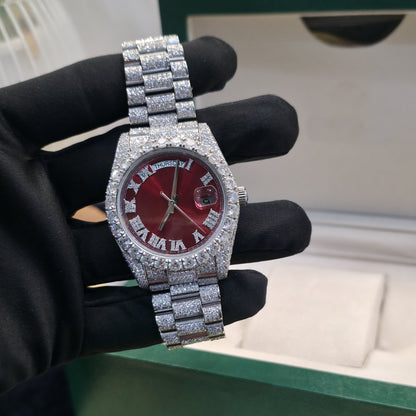 Deluxe 41MM Roman Numeral Red Dial Fully Iced Out Moissanite Watch for Men
