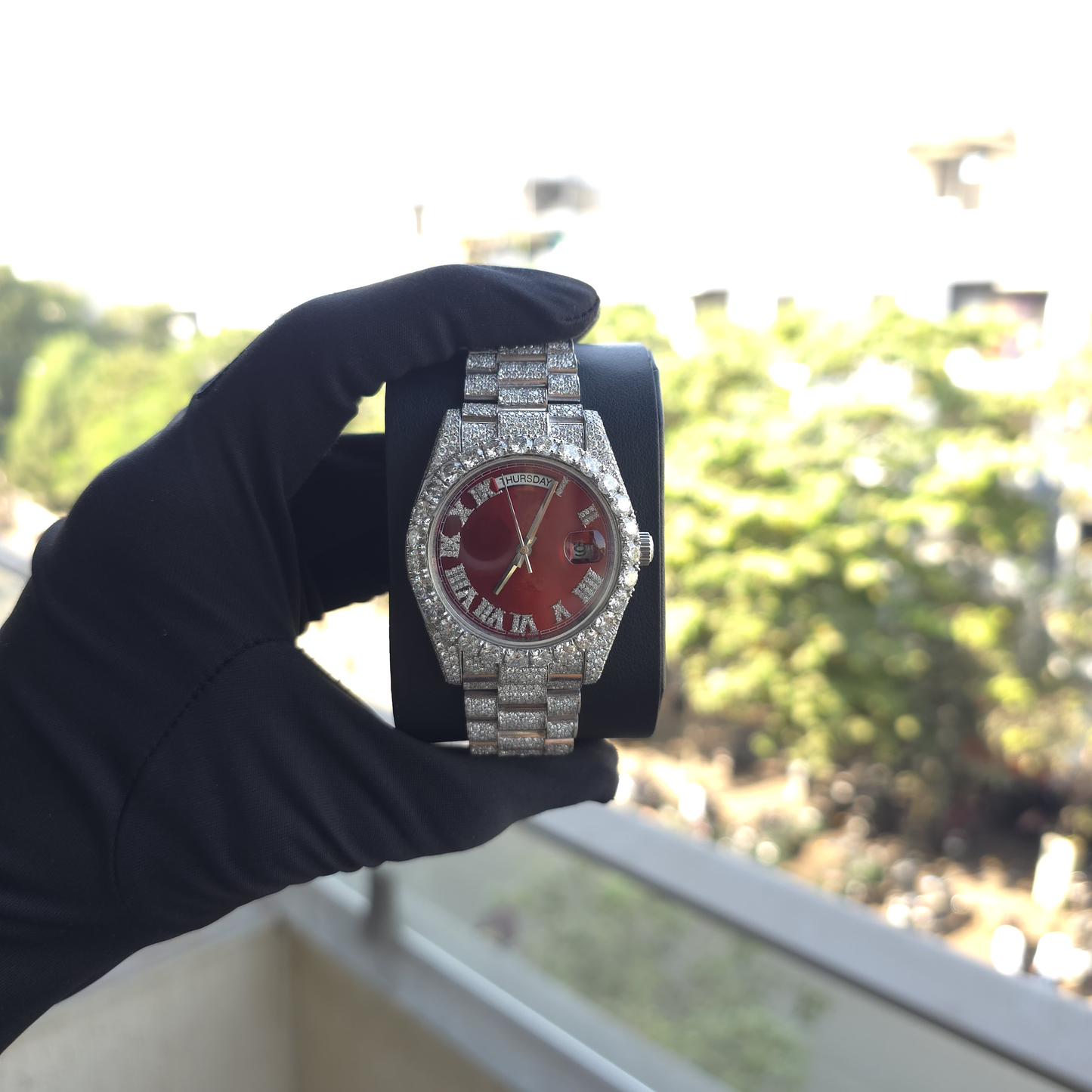 deluxe 41mm roman numeral red dial fully iced out moissanite watch for men