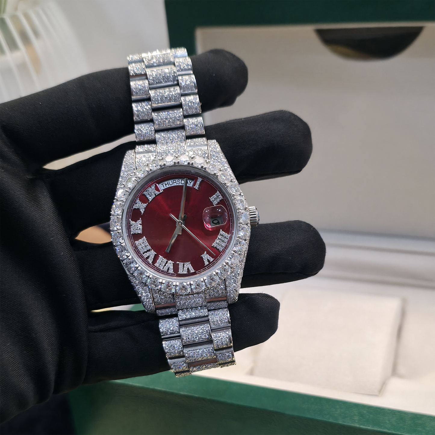 white iced out 41mm watch with red dial – bust down watch