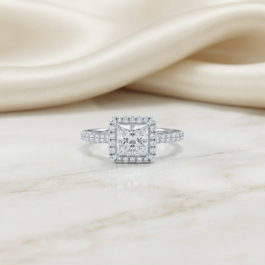1.50 CT Princess Cut Moissanite Halo Engagement Ring in 925 Silver / 10K & 14K Gold