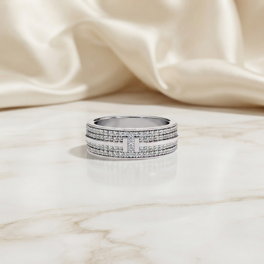 Modern Multi-Row Diamond Band with Geometric Center Bar – Available in 925 Silver, 10K/14K Rose, White & Yellow Gold, or Platinum – Finora Jewelry