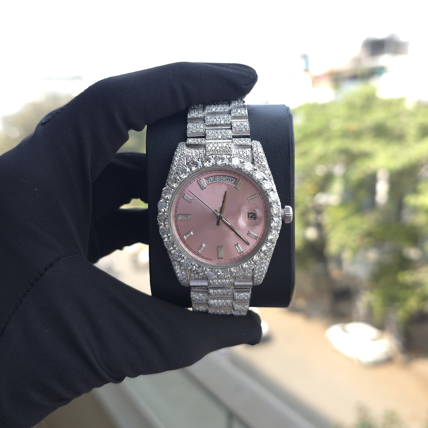 white iced out 41mm watch with pink dial – bust down watch