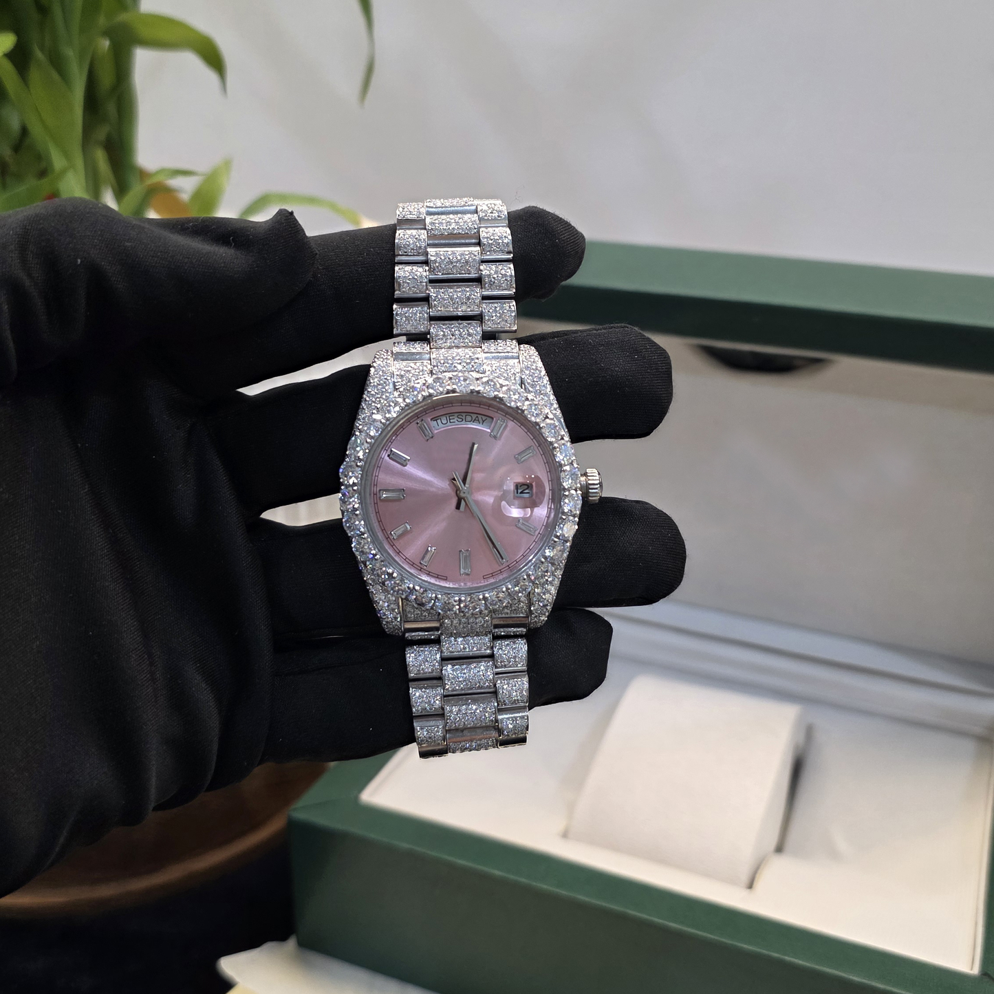 white iced out 41mm watch with pink dial – bust down watch