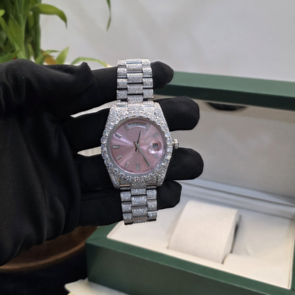 White Iced Out 41mm Watch With Pink Dial – Bust Down Watch
