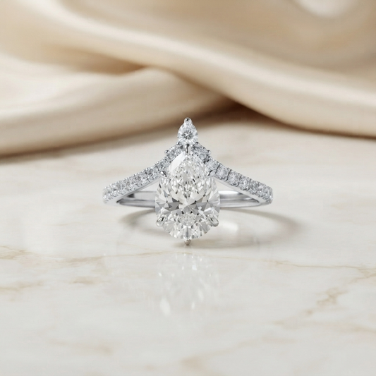 Pear Cut Diamond Engagement Ring with Accent Pear & Pavé Band in 925 Silver, 10K/14K Gold, or Platinum – Finora Jewelry