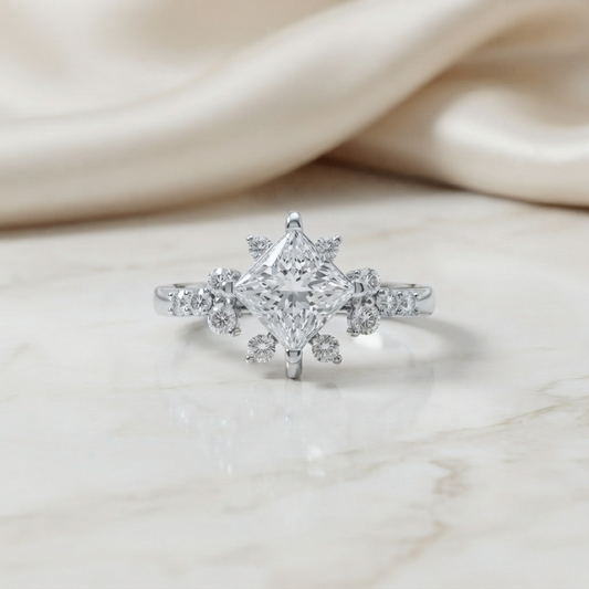 Princess Cut Diamond Cluster Engagement Ring – Regal Radiance in 925 Silver, 10K/14K Yellow, White & Rose Gold, or Platinum – Finora Elegant Snowflake-Inspired Design for Her
