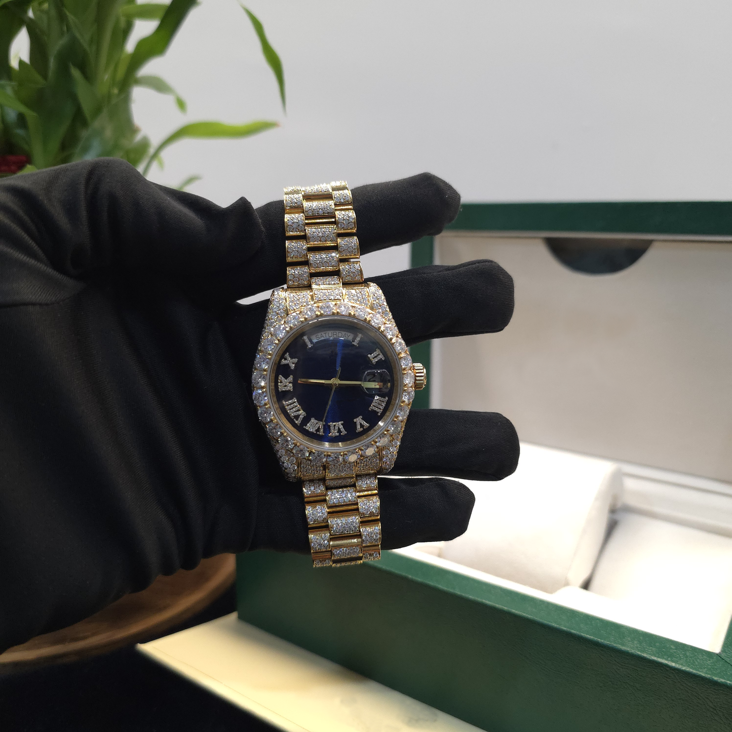 men’s iced out watch | 41mm | full yellow | blue dial | roman numeral | day-date