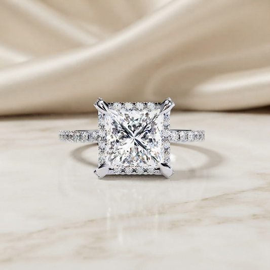 Princess Cut Moissanite Engagement Ring with Pavé Band – Sparkling Halo for Birthday, Promise, or Proposal Gift – Custom 925 Silver / 10K / 14K Gold / Platinum – White / Yellow / Rose Gold – Finora Exclusive