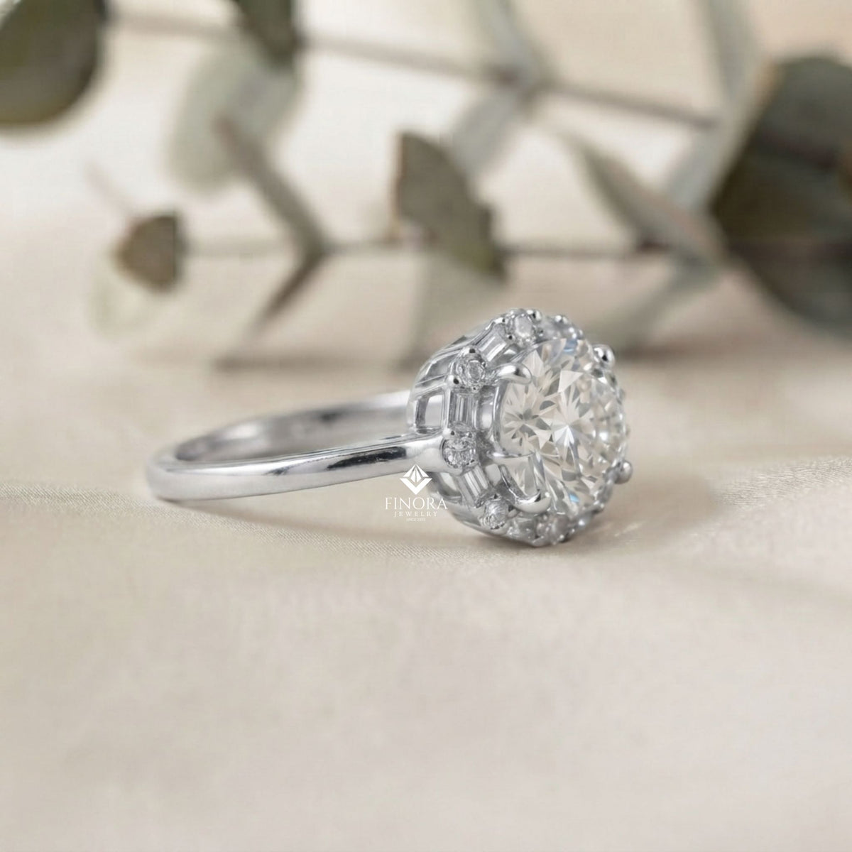 round cut moissanite halo engagement ring with baguette side stones in 925 silver, 10k & 14k gold – finora jewelry