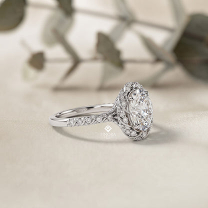 Floral Halo Diamond Engagement Ring – Intricate Swirl Pavé Design in White Gold or Platinum – Nature-Inspired Elegance – Vintage Glamour Statement Ring