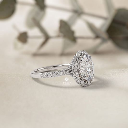 Floral Halo Diamond Engagement Ring – Intricate Swirl Pavé Design in White Gold or Platinum – Nature-Inspired Elegance – Vintage Glamour Statement Ring
