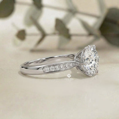 Brilliant Round Cut Engagement Ring with Pavé Diamond Band – Ideal Birthday Gift or Proposal Ring – Classic Elegance in Sterling Silver, 10K/14K Gold, or Platinum – Finora Luxe Edition