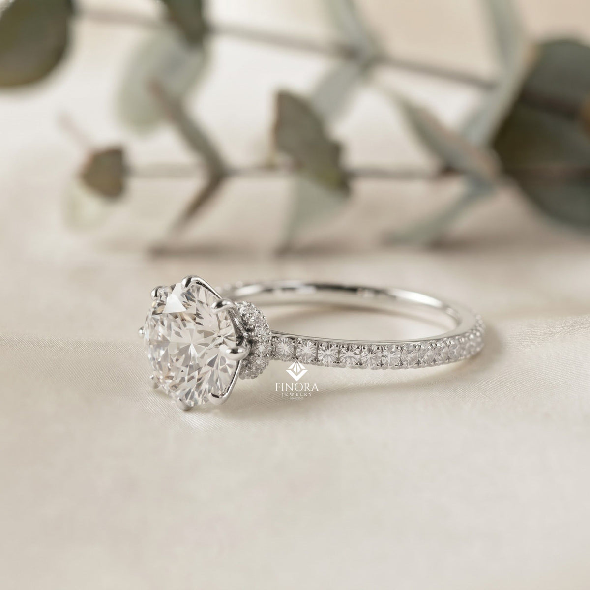 round brilliant moissanite engagement ring with pavé diamond band – classic four-prong solitaire in white, yellow, or rose gold | finora jewelry