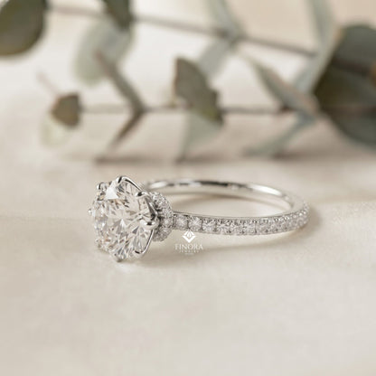 Round Brilliant Moissanite Engagement Ring with Pavé Diamond Band – Classic Four-Prong Solitaire in White, Yellow, or Rose Gold | Finora Jewelry