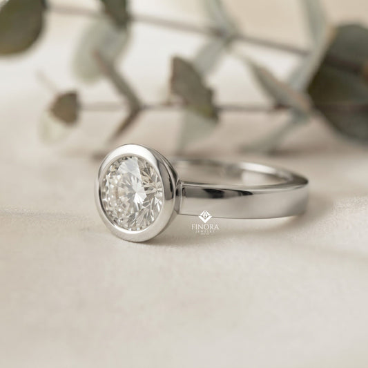 Minimalist Round Moissanite Bezel Set Ring – Modern Solitaire for Promise, Engagement or Birthday Gift – 925 Silver / 10K / 14K Gold / Platinum – White / Yellow / Rose Gold – Finora Jewelry
