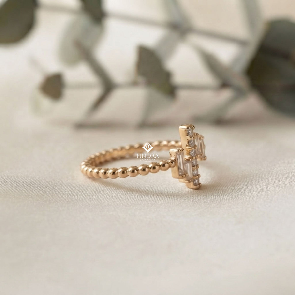 baguette cluster stacking ring – minimalist diamond bar ring –  dainty gold bead band