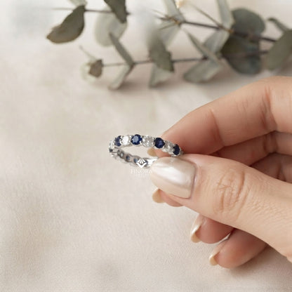 Blue & Colorless Round Cut Moissanite Full Eternity Wedding Band, Stackable Ring – Finora Jewelry