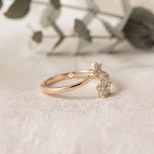 Floral Bypass Ring – Adjustable Gold Ring for Her