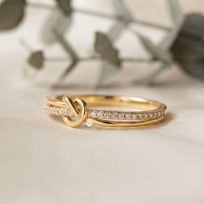 Rose Gold Love Knot Ring – Delicate Infinity Band with Pavé Stones