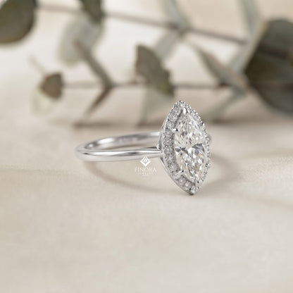 Marquise Cut Moissanite Halo Engagement Ring – 925 Silver / 10K / 14K / Platinum / White / Yellow / Rose Gold – Finora Jewelry