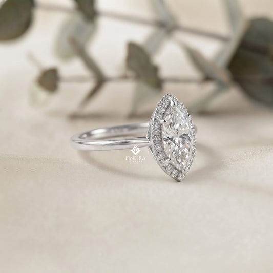 Marquise Cut Moissanite Halo Engagement Ring – 925 Silver / 10K / 14K / Platinum / White / Yellow / Rose Gold – Finora Jewelry