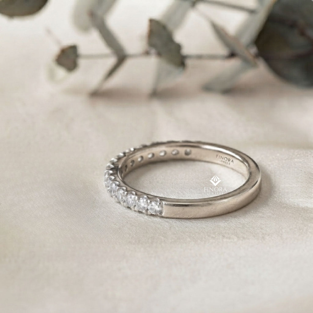 round cut moissanite pavé wedding band in 925 sterling silver / 10k & 14k gold