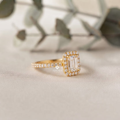 Emerald Cut Halo Ring – Dainty Pave Engagement Ring  – Romantic Gold Bridal Jewelry