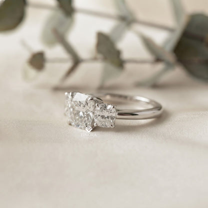Three-Stone Cushion Cut Diamond Engagement Ring – Trio of Brilliance in White Gold or Platinum – Finora Symbolic Design of Past, Present & Future – Elegant Gift for Her