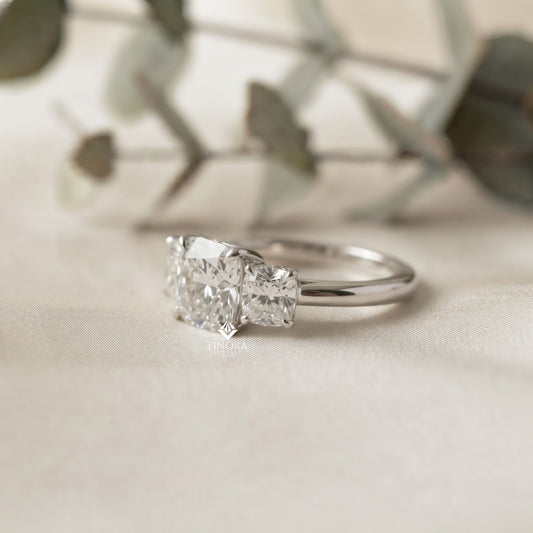 Three-Stone Cushion Cut Diamond Engagement Ring – Trio of Brilliance in White Gold or Platinum – Finora Symbolic Design of Past, Present & Future – Elegant Gift for Her