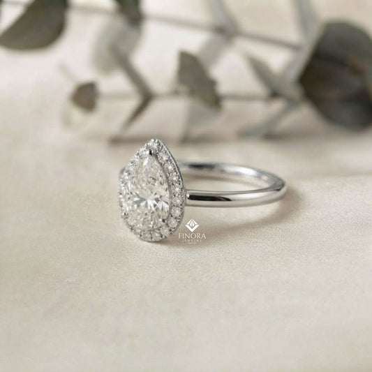 Pear Cut Moissanite Halo Engagement Ring – 925 Silver / 10K / 14K / Platinum / White / Yellow / Rose Gold – Finora Jewelry