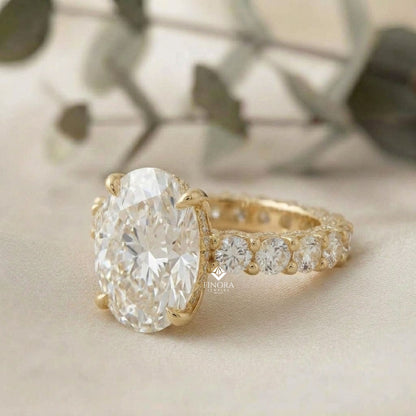5ct Oval Cut Lab Grown Diamond  Solitaire Eternity Ring – Pave Band, Dainty Gold Fine Jewelry