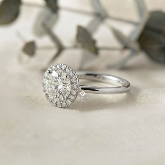 Round Halo Moissanite Engagement Ring with Pavé Accent Diamonds – Timeless Round Cut Sparkle | Finora Jewelry