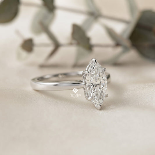 Marquise Cut Moissanite Solitaire Engagement Ring – Sleek Design in 925 Silver, 10K & 14K White, Yellow, Rose Gold, or Platinum | Finora Jewelry