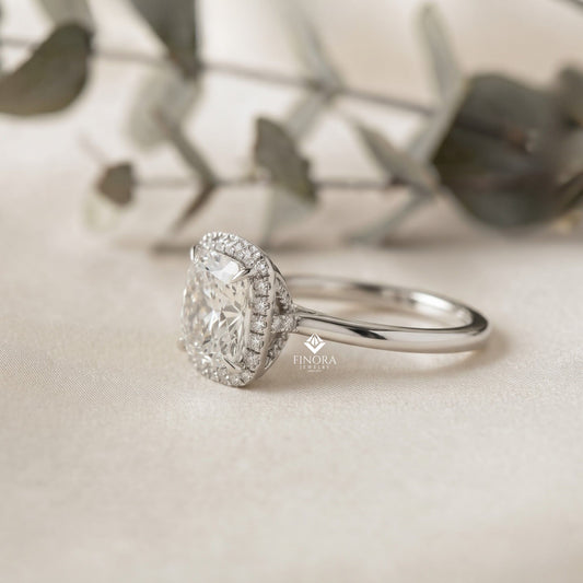 Cushion Cut Halo Moissanite Engagement Ring with Pavé Diamonds – Elegant Cushion Halo in White, Yellow, or Rose Gold | Finora Jewelry