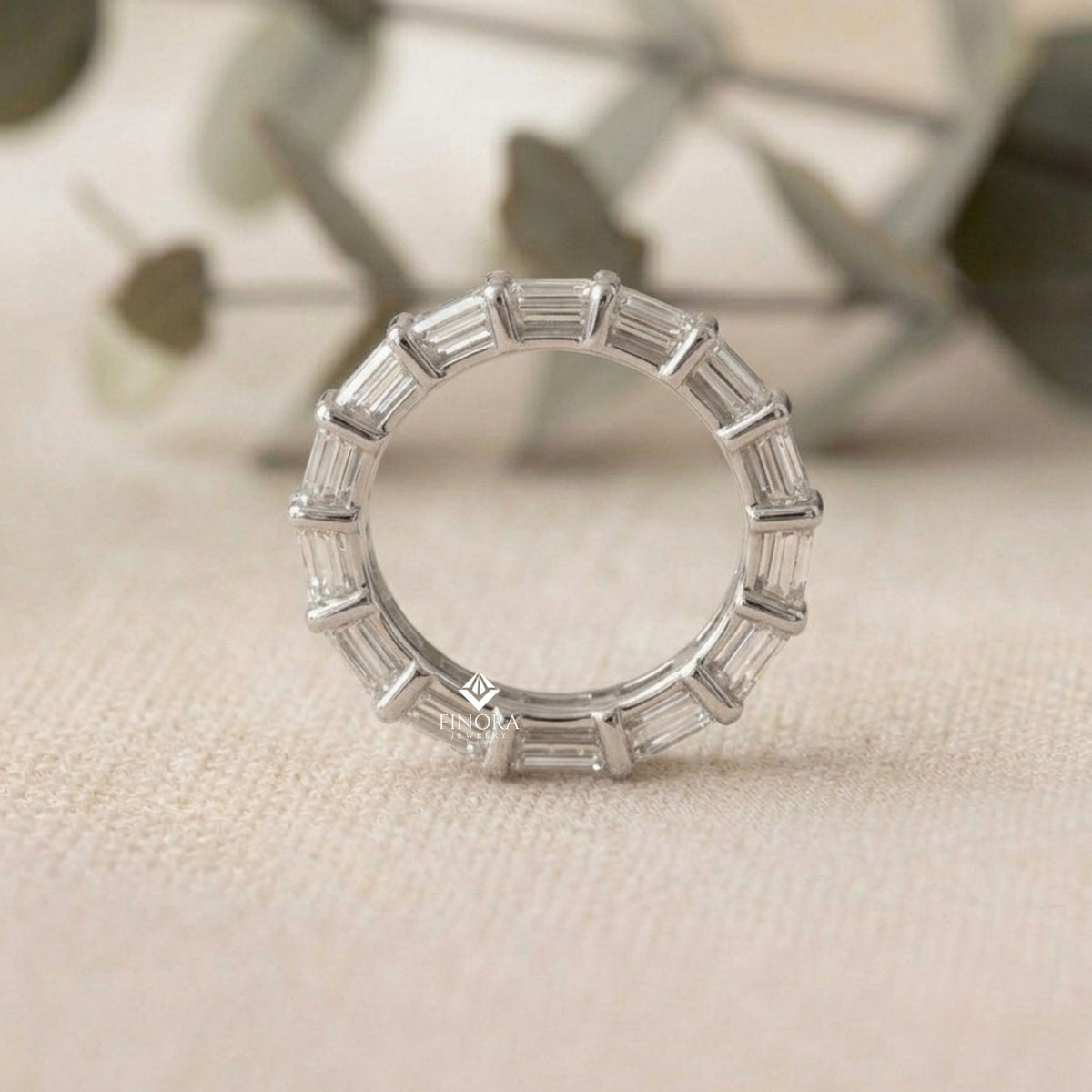baguette cut moissanite eternity wedding band, stackable ring in 925 silver, 10k & 14k gold – finora jewelry