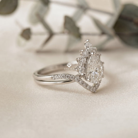 Pear Cut Moissanite Halo Engagement Ring 1.68 CT with Marquise & Round Side Stones in 925 Silver / 10K & 14K Gold
