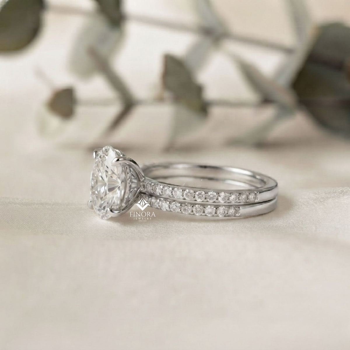 round cut diamond solitaire engagement ring with matching band – finora jewelry