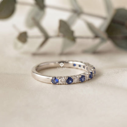 Blue & White Round Cut Moissanite Half Eternity Wedding Band, Stackable Ring – Finora Jewelry