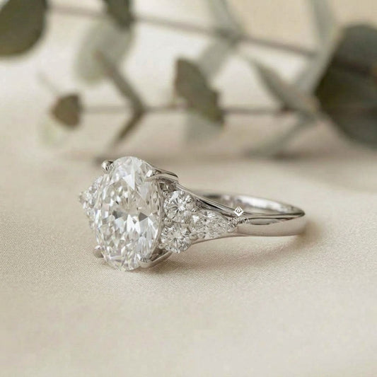 Finora Jewelry – Oval Cut Diamond Seven-Stone Ring – Scalloped Shoulder Design – Available in 10K, 14K Gold (White, Rose, Yellow), 925 Silver & Platinum