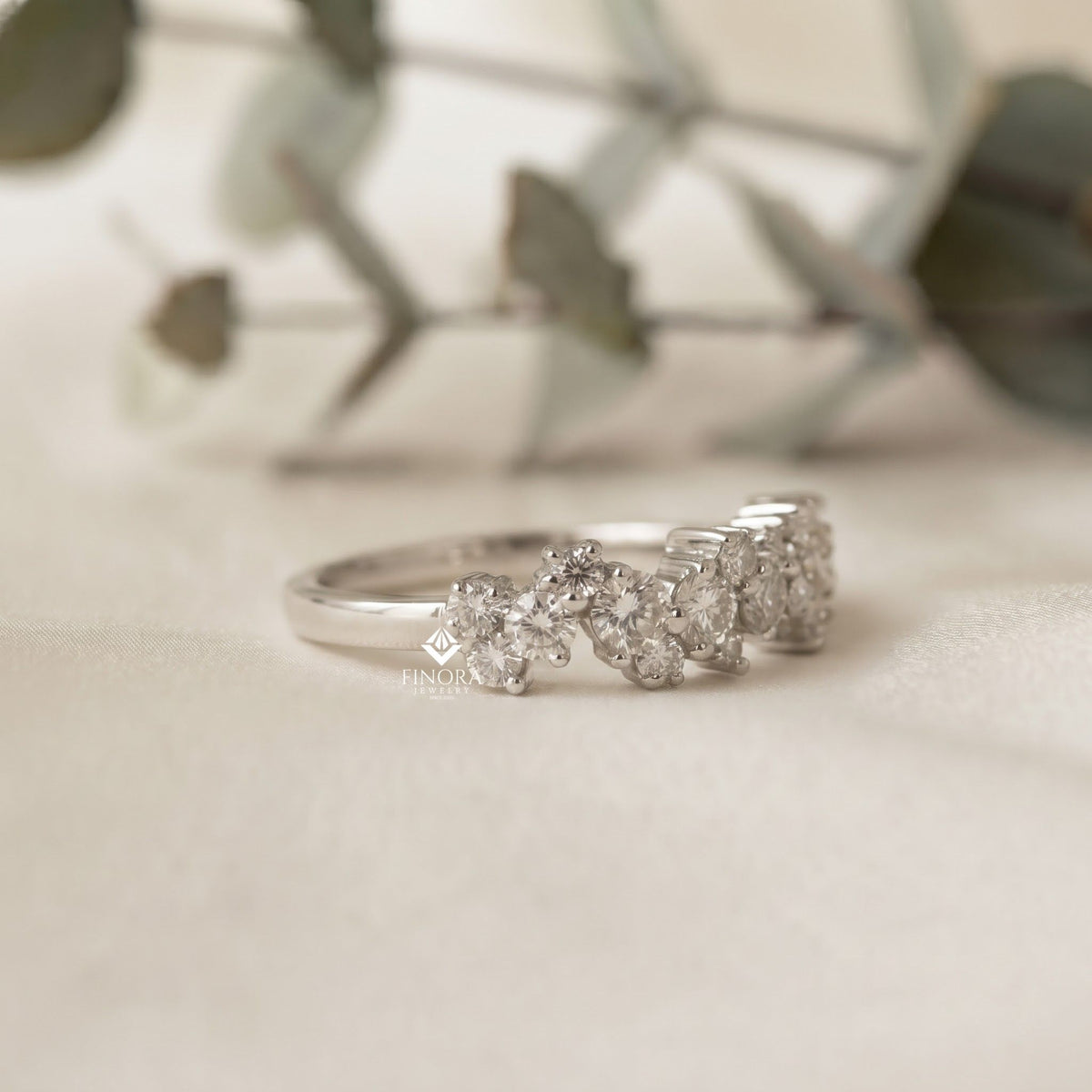 zig-zag moissanite half eternity wedding band, stackable ring - finora jewelry